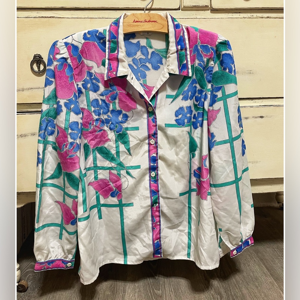 Vintage Floral Button-Up Blouse - White, Blue, Pink